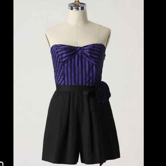 Maeve Dresses & Skirts - Maeve Anthropologie Choir Girl Black Blue Striped Romper Shorts 0 XS